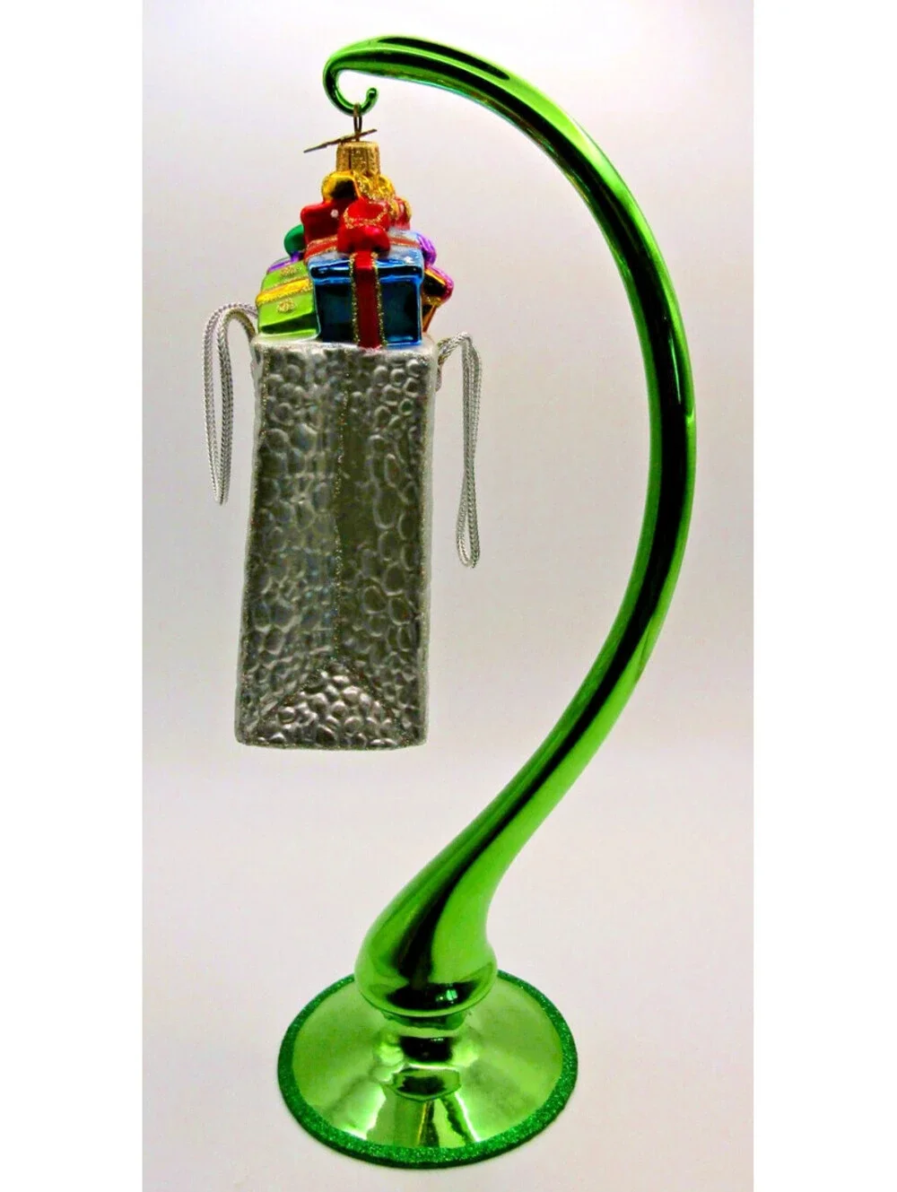 Neiman Marcus 2012 Mercury Glass Shopping Bag Ornament with Green Glass Stand